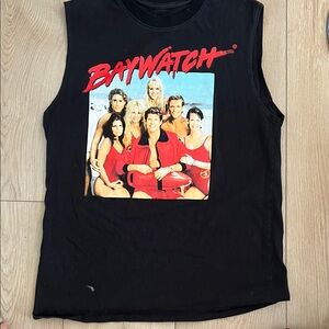 Vintage Baywatch Graphic Muscle Tank Top - Black with Red Print